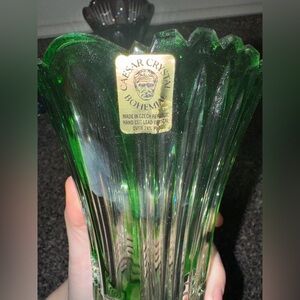 Vintage Emerald Green Caesar Crystal Bohemiae Hand Cut Glass Vase